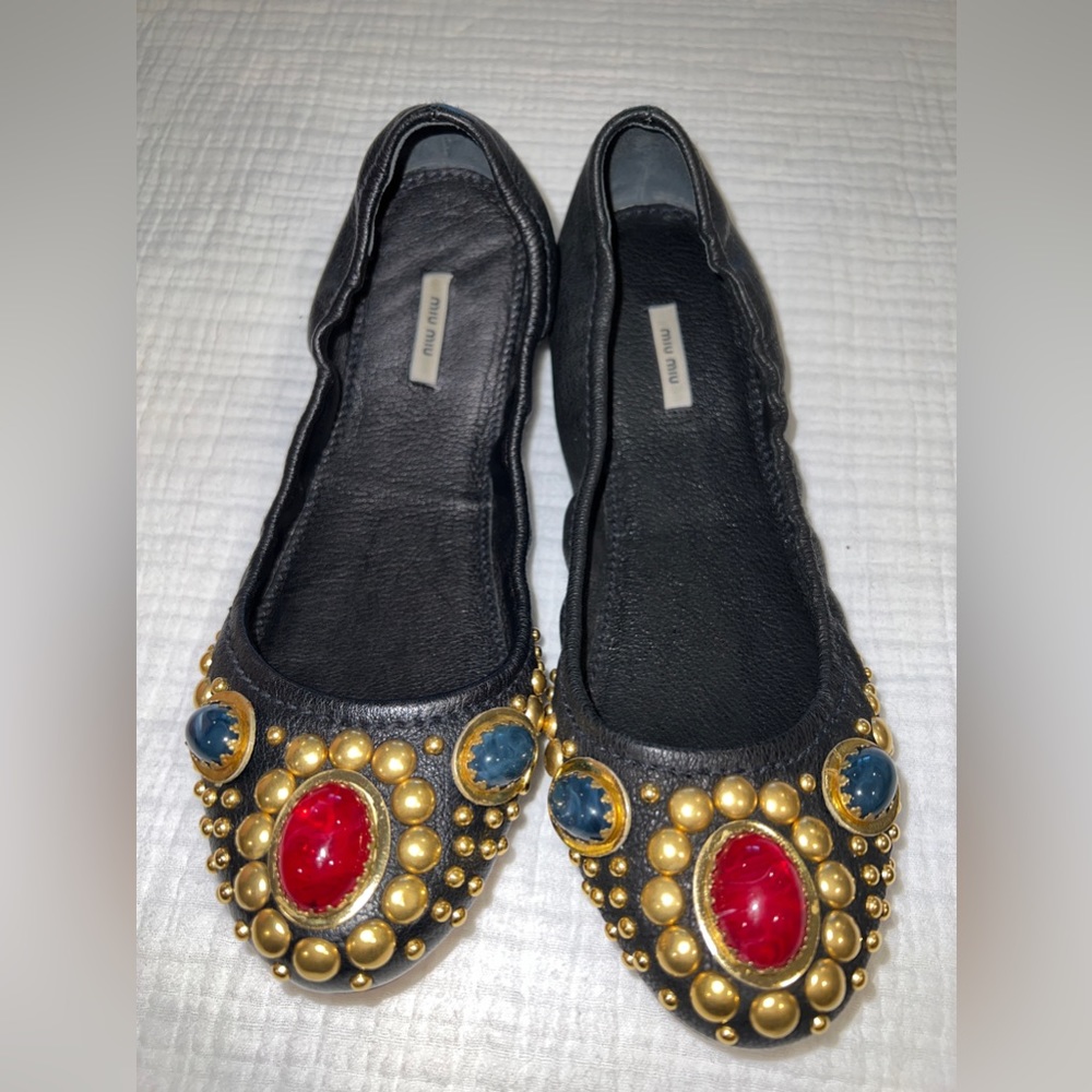 $645 Miu Miu Studded Jewel Leather Flats - STUNNING!  Size 36.5